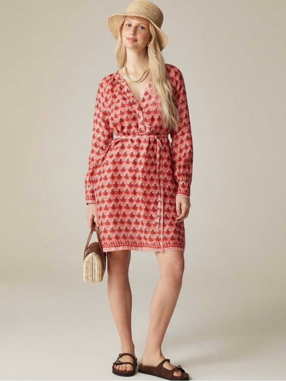 J.Crew Printed Pink V-Neck Tie-Waist Dress